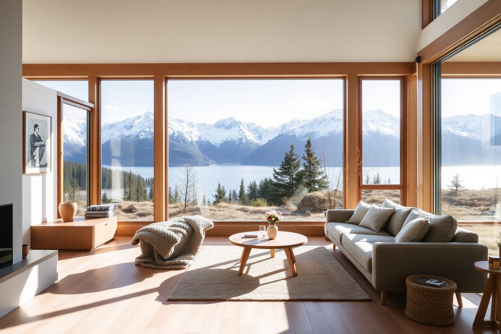 Living room with lake and mountain view