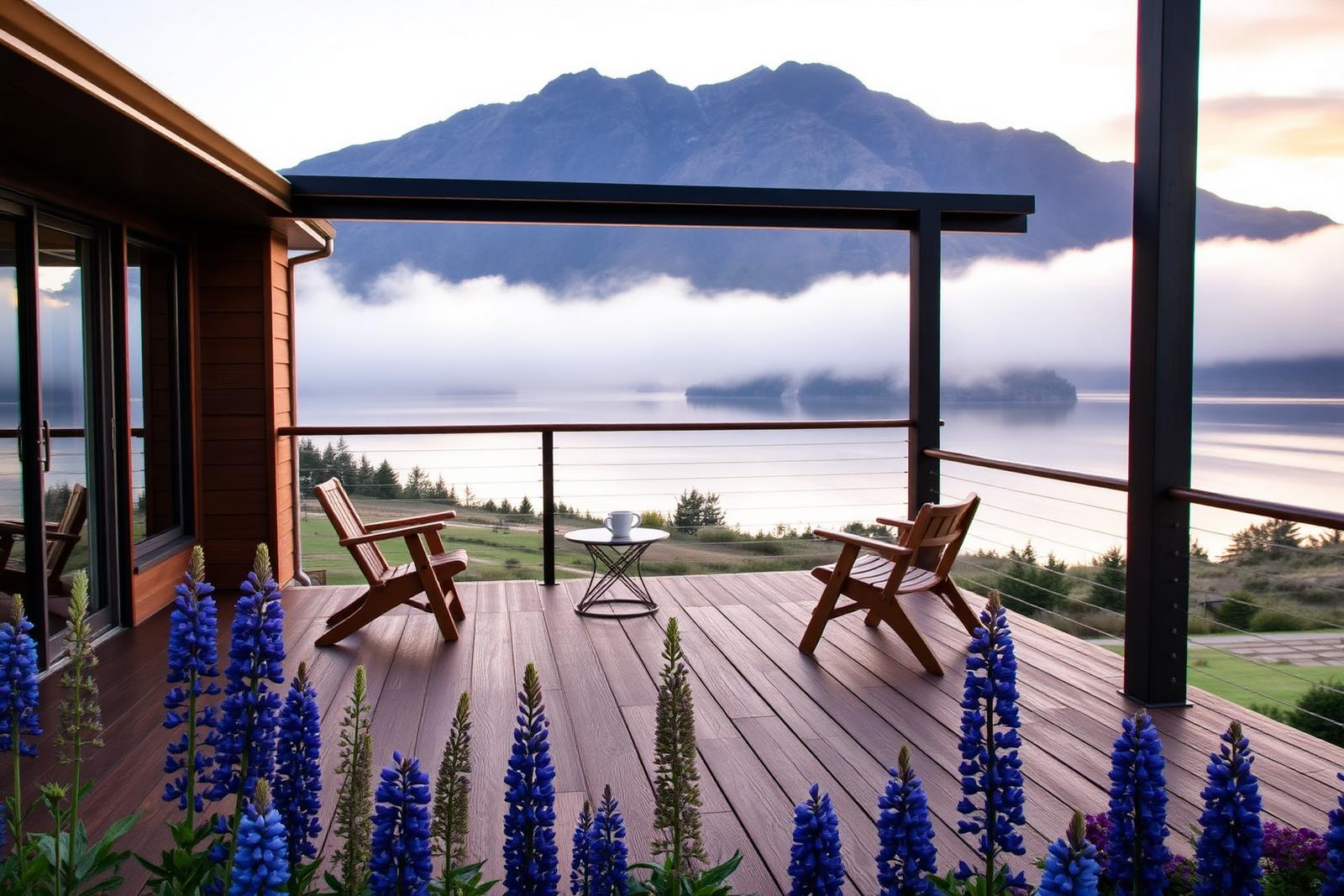 Deck overlooking the lake at sunrise