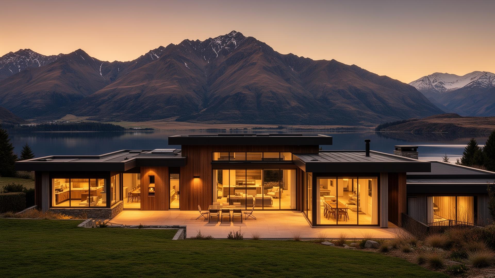 The house at dusk with mountains and the lake behind